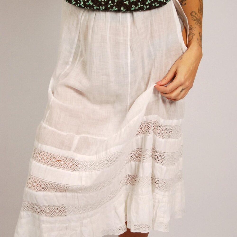 Vintage White Bohemian Lace Panel Midi Skirt